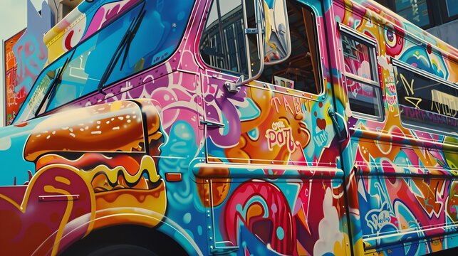 A graffiti covered food truck painted in bright colors with a cartoon hamburger on the side.