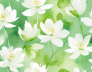 Namalowane białe kwiaty na zielonym tle 