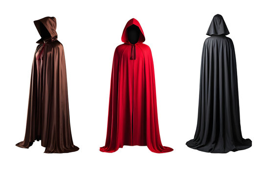 Realistic red-brown and black cloaks costumes in full front view, isolated on transparent background. Perfect for costume design projects and Halloween themes.