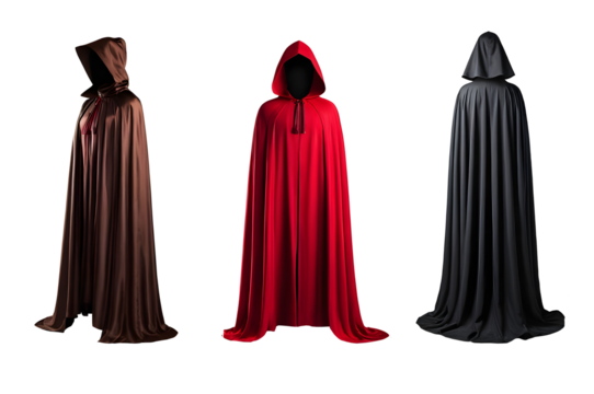 Realistic red-brown and black cloaks costumes in full front view, isolated on transparent background. Perfect for costume design projects and Halloween themes.