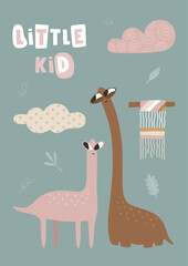 Cute dinosaur, boho concept. Template for banner, poster, notepad, printing. Vector illustration in flat modern style.