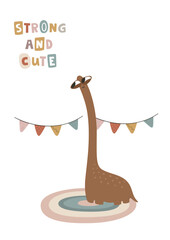 Cute dinosaur, boho concept. Template for banner, poster, notepad, printing. Vector illustration in flat modern style.