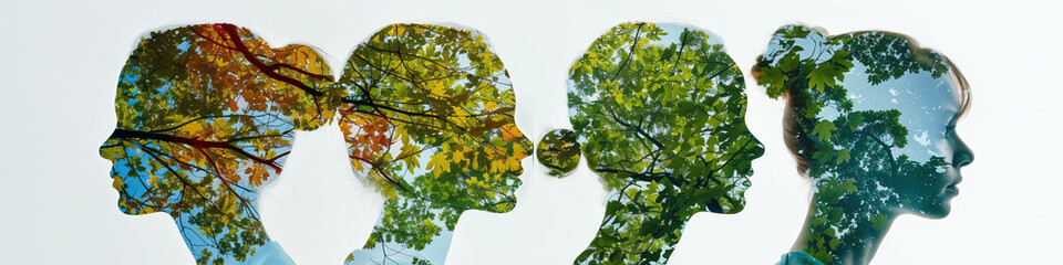 Women profiles blended with natures palette. Silhouettes of women merge with trees, embodying the connection between humans and the natural world. Double exposure