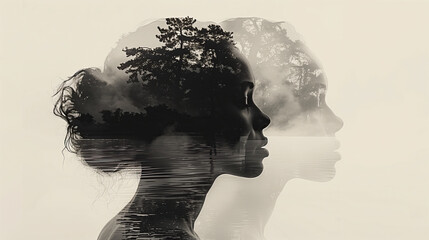 Womans Profile Amidst Trees. A peaceful scene as a womans profile is silhouetted against a serene lake, with lush trees creating a stunning reflection on the waters surface. Double exposure