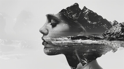 Womans contemplative portrait. A serene blend of a womans profile and a mountainous landscape with water and lake, reflecting an inner world of natures serenity. Double exposure