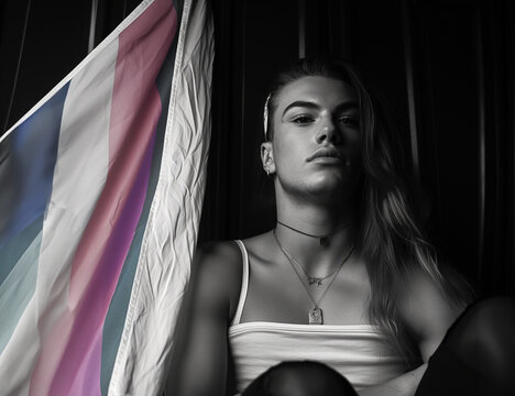 Trans model. Fashion, social issues, gay pride, transphobia, homophobia, androgenity, artistic portrait. Intense gaze, courage, transformation, man dressed as a woman, crossplayer, lgbtq+.