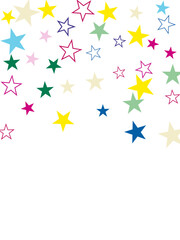 White background with blue, yellow and brown stars. Festive colorful star confetti background.