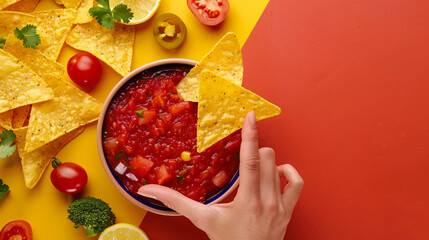Woman dipping nacho into tasty salsa sauce on color background