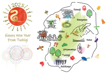 栃木県の観光地のイラストマップ年賀状2025年