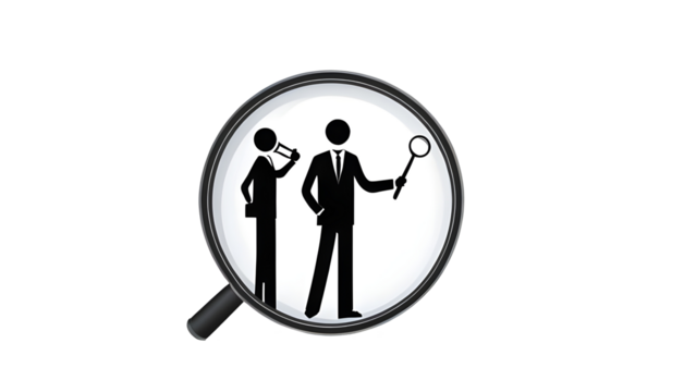 Explore job vacancies with profile and magnifying glass stickman icons. Perfect for recruitment and hiring concepts on transparent background.