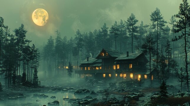 Dilapidated old house in the woods under the moonlight