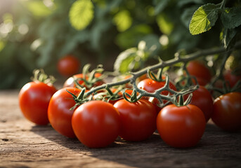 Ripe tomato cluster in greenhouse. Autumn vegetable harvest on organic farm.