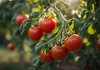 Ripe tomato cluster in greenhouse. Autumn vegetable harvest on organic farm.