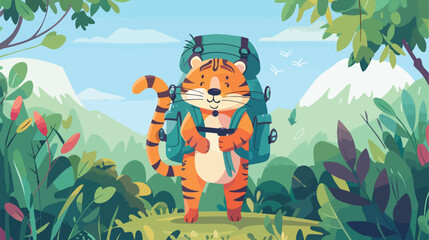 Obraz na płótnie Canvas Tiger hiking with Backpack in nature. Summer character