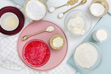 Ingredients for making berry pie. View from above. Culinary concept. Flat layout.