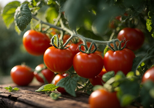 Ripe tomato cluster in greenhouse. Autumn vegetable harvest on organic farm.