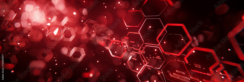 Wall mural red futuristic technology interface with hexagons and blurred bokeh