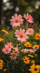 Fototapeta premium pink and orange wildflowers on a field