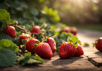 Ripe strawberries with leaves on wooden table on blurred background