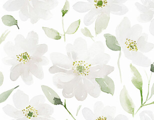 Tapeta namalowane białe kwiaty wzór - obrazy, fototapety, plakaty