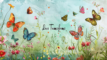 A whimsical butterfly garden with the words "Love Transforms" in playful font.