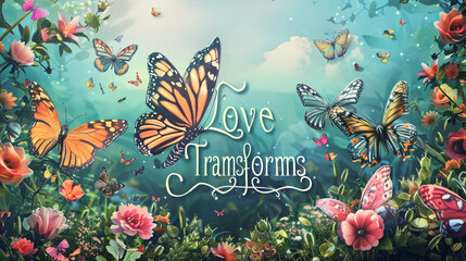 A whimsical butterfly garden with the words "Love Transforms" in playful font.