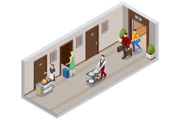 Isometric luxury hotel hallway interior with numbered doors, Woman chambermaid, Porter with Baggage, Waitress in uniform. Enjoy the Holiday and Vacation.