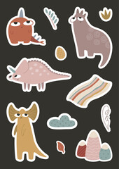 Dinosaur, dragon, mountains, carpet, clouds, plants. Boho style stickers.