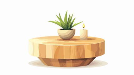 Trendy wooden drum coffee table with potted plant 