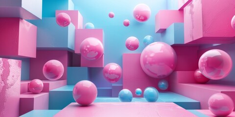 Pink and blue spheres floating in a pink and blue room