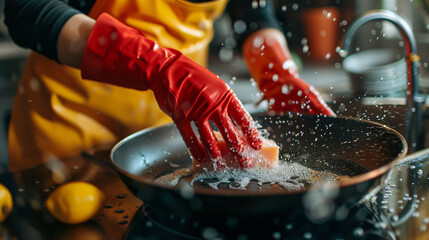 Woman in red rubber gloves washing frying pan with sponge - obrazy, fototapety, plakaty
