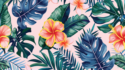 Tropical leaves and flowers seamless patterns on light