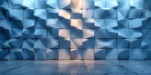 A wall of white blocks with a blue background