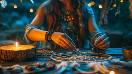 Woman making dream catcher on dark table closeup