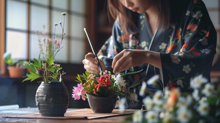 Woman making ikebana at table in room closeup