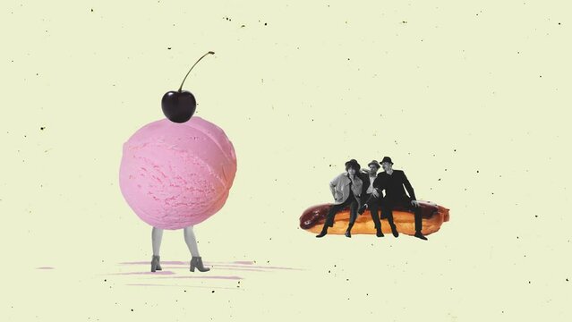 Stop motion, animation. Group of young men sitting on chocolate eclair and looking at girl with ice cream body. Concept of retro style, creativity, surrealism, imagination. Copy space or ad, poster