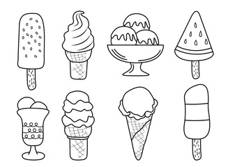 Hand drawn set of doodle with different ice cream types