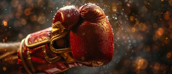 A boxing glove is shown in a blurry image with a red background