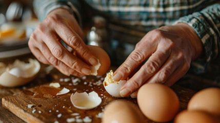 Woman peeling boiled egg at wooden table closeup