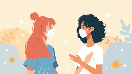 Two women in face masks maintain a social distance by
