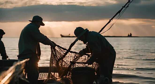 Fishermen fishing with net.