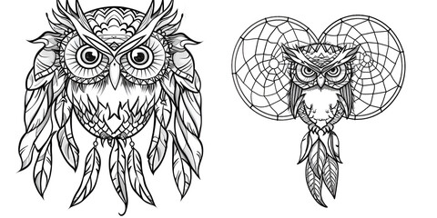 A black and white owl with feathers and a dream catcher Set of owls print Good for t-shirts cups phone cases and more white background. - obrazy, fototapety, plakaty