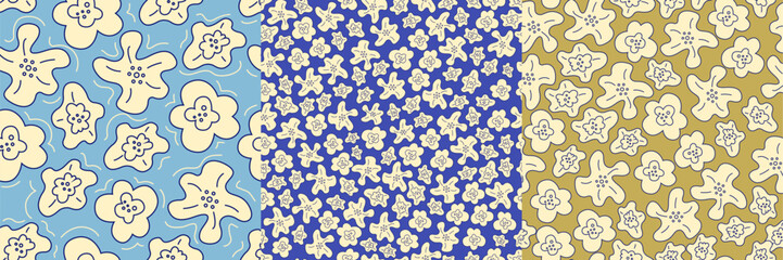 Set of floral prints. Vector seamless pattern with white flowers. Retro style. Line.