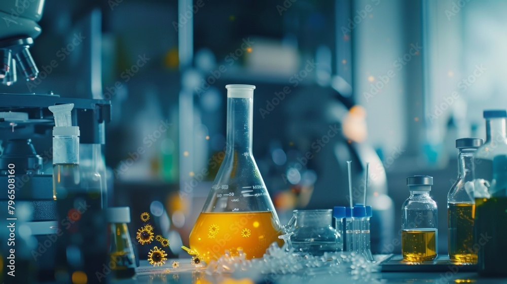 Poster a lab with a beaker of yellow liquid on a table
