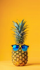 Cool pineapple with sunglasses and sunblock on pastel background with space for text