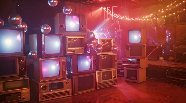 video featuring a stack of vintage 1980s CRT TVs and disco balls on the dance floor at Studio 54, capturing the retro atmosphere and nostalgia of the disco era.