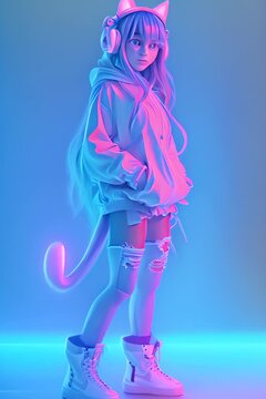 a video featuring a girl with gradient hair and cat ear headphones rendered in a 3D production environment, with soft lighting and a neon background.