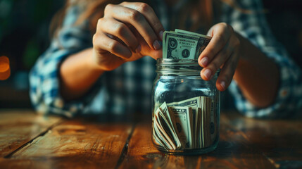 Woman putting dollar banknotes into jar on table - Powered by Adobe