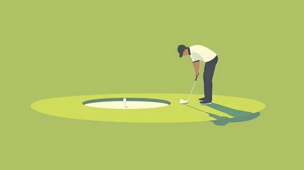 Obraz premium minimalist illustration, flat design, man playing golf on the green, putting his ball into the hole, copy and text space, 16:9