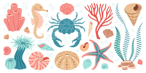 Hand drawn sea life elements set. Aquatic animals, anemones, crab, algae, seashells, starfish, sea horse. Trendy flat doodle set underwater ecosystem for your design. Vector illustration © Aikaterini